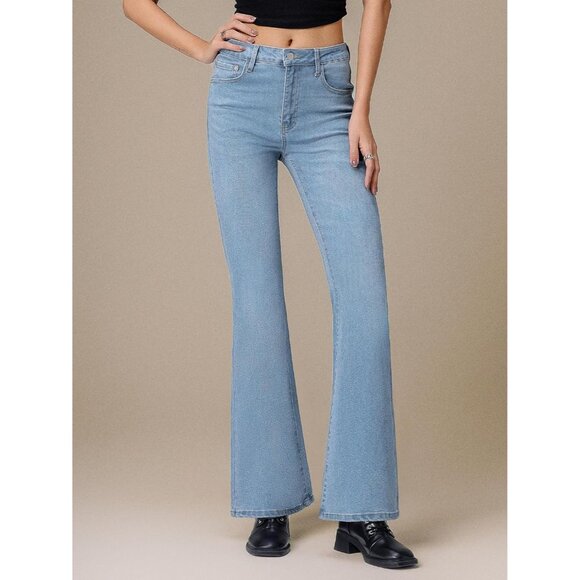 Women Flared Jeans High Waist Stretch Denim Y2K Vintage Distressed Casual - Picture 2 of 8